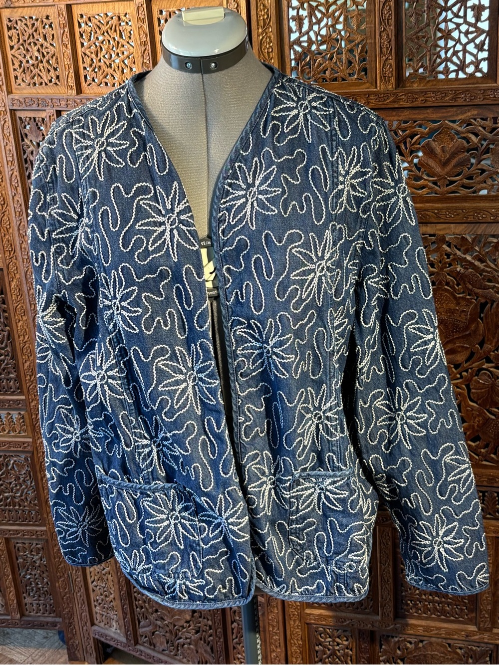 TanJay Medium Blue Embroidered Floral Open-Front Jacket